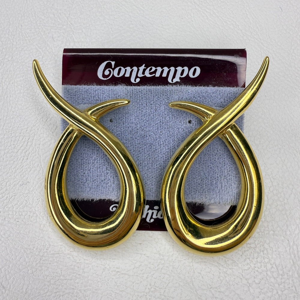 Contempo Gold Tone Statement Earrings Abstract Dangle Pierced Vintage‎